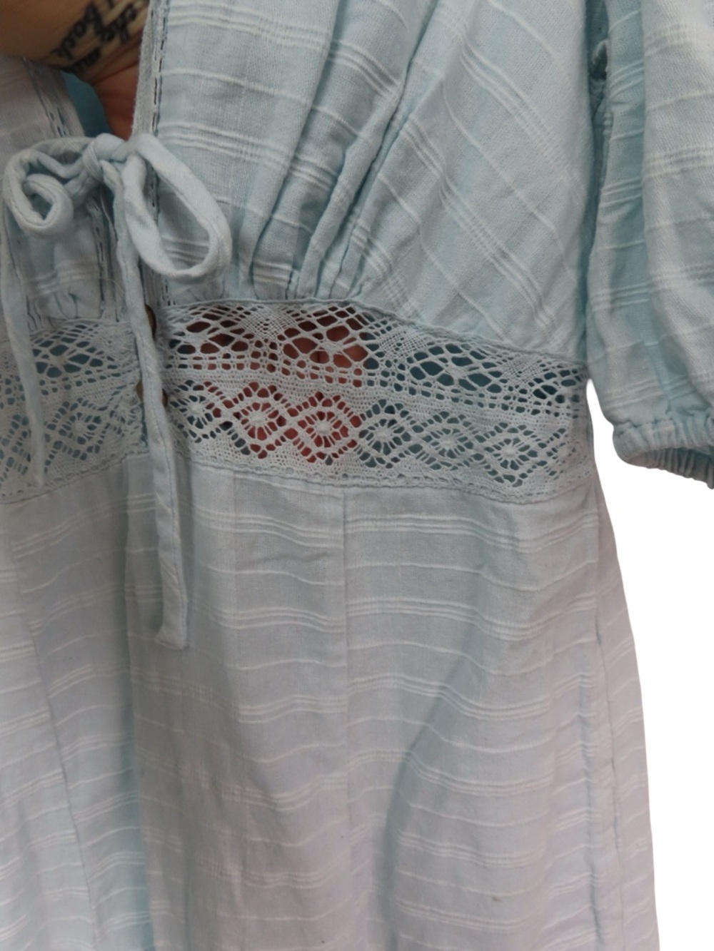 Free People Slow Pace Midi Dress Blue Boho Tie Front Puff Sleeve Size Medium - Picture 5 of 10
